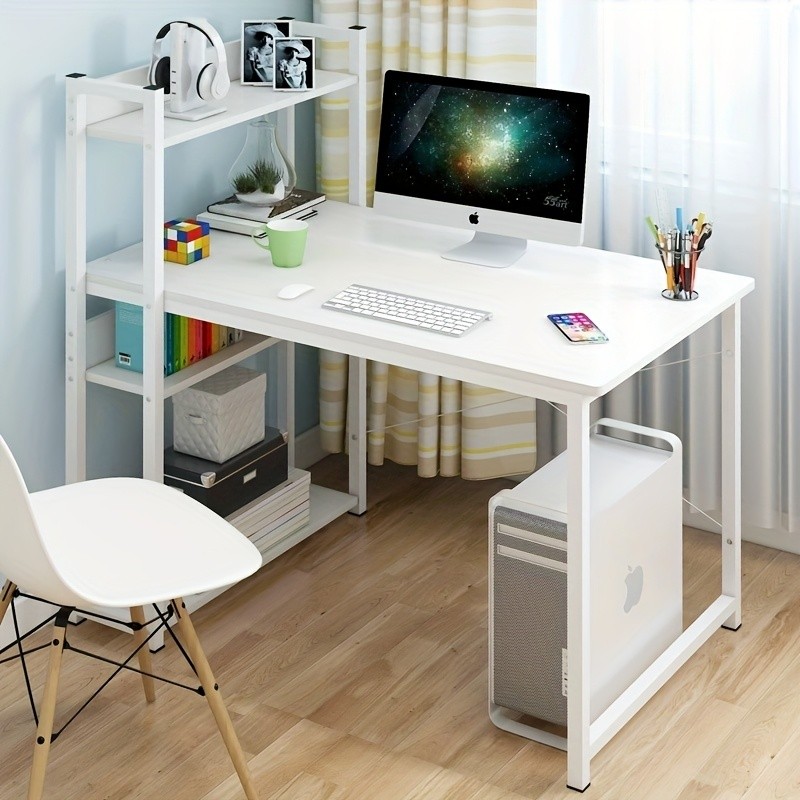 Compact Computer Desk With Storage Rack, 110cm Wide, 50cm Deep, Space-saving, 3-tier Shelf With Anti-fall Bar, Study Desk, Work Desk, Scandinavian Style, Easy Assembly