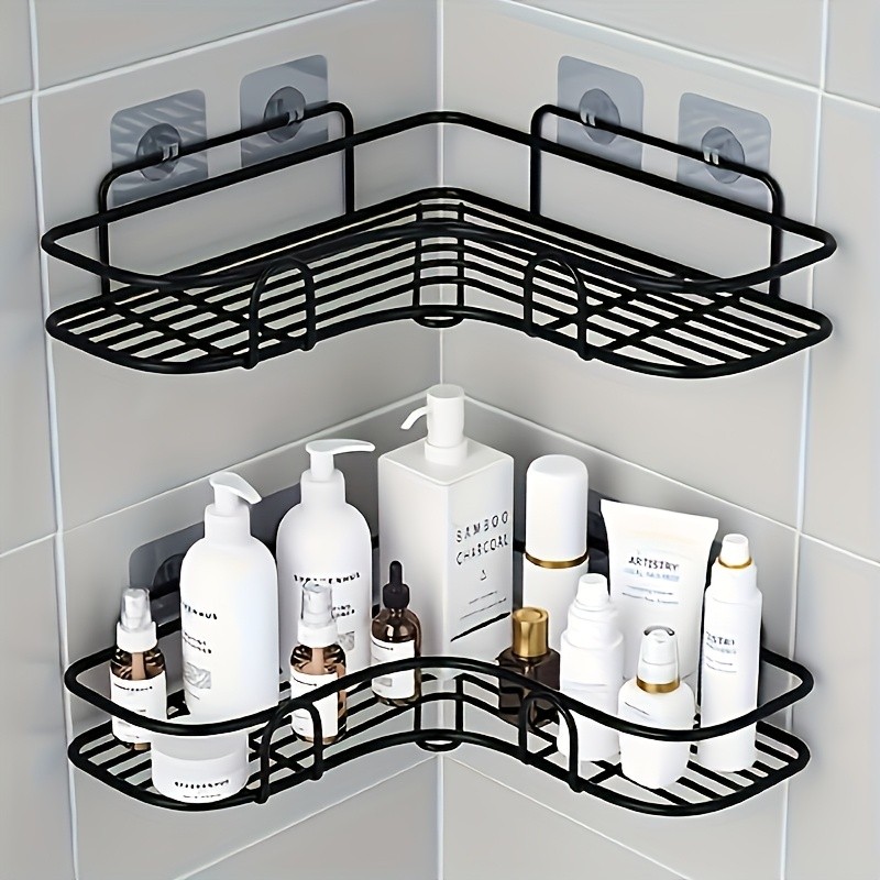 Rust-Proof Stainless Steel Corner Shower Shelf - Multi-Compartment Wall-Mounted Bathroom Organizer for Shampoo, Conditioner, and Cosmetics, Space-Saving Design, Durable Black Finish, Suitable for Mode